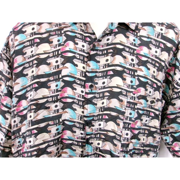 Vintage 1990's City Streets Abstract Shapes 100% Silk Shirt Mens Size Medium - Picture 2 of 4
